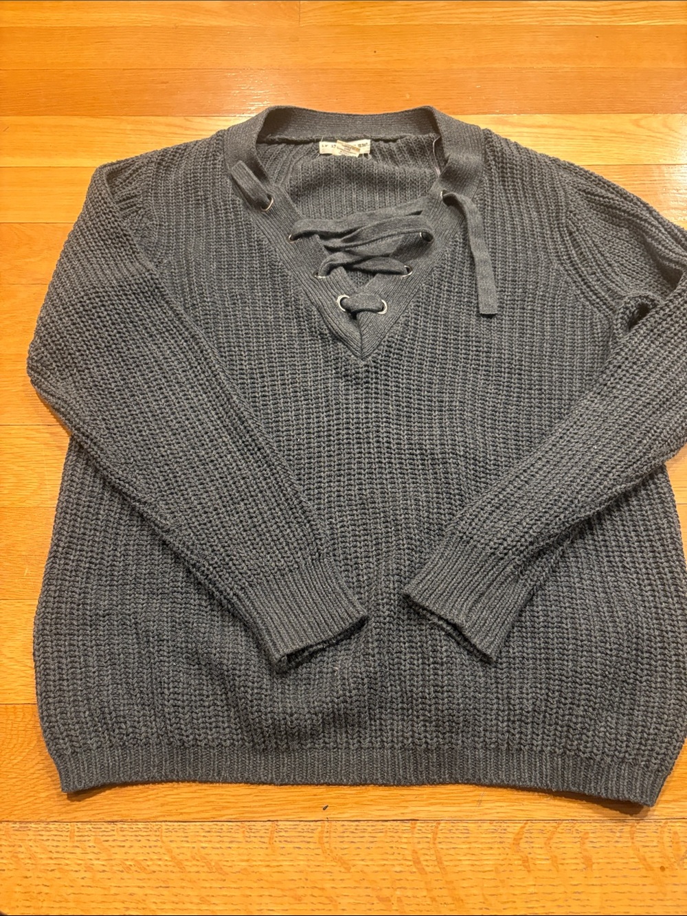 Women Lace-Up V-Neck Knit Sweater - Charcoal Gray